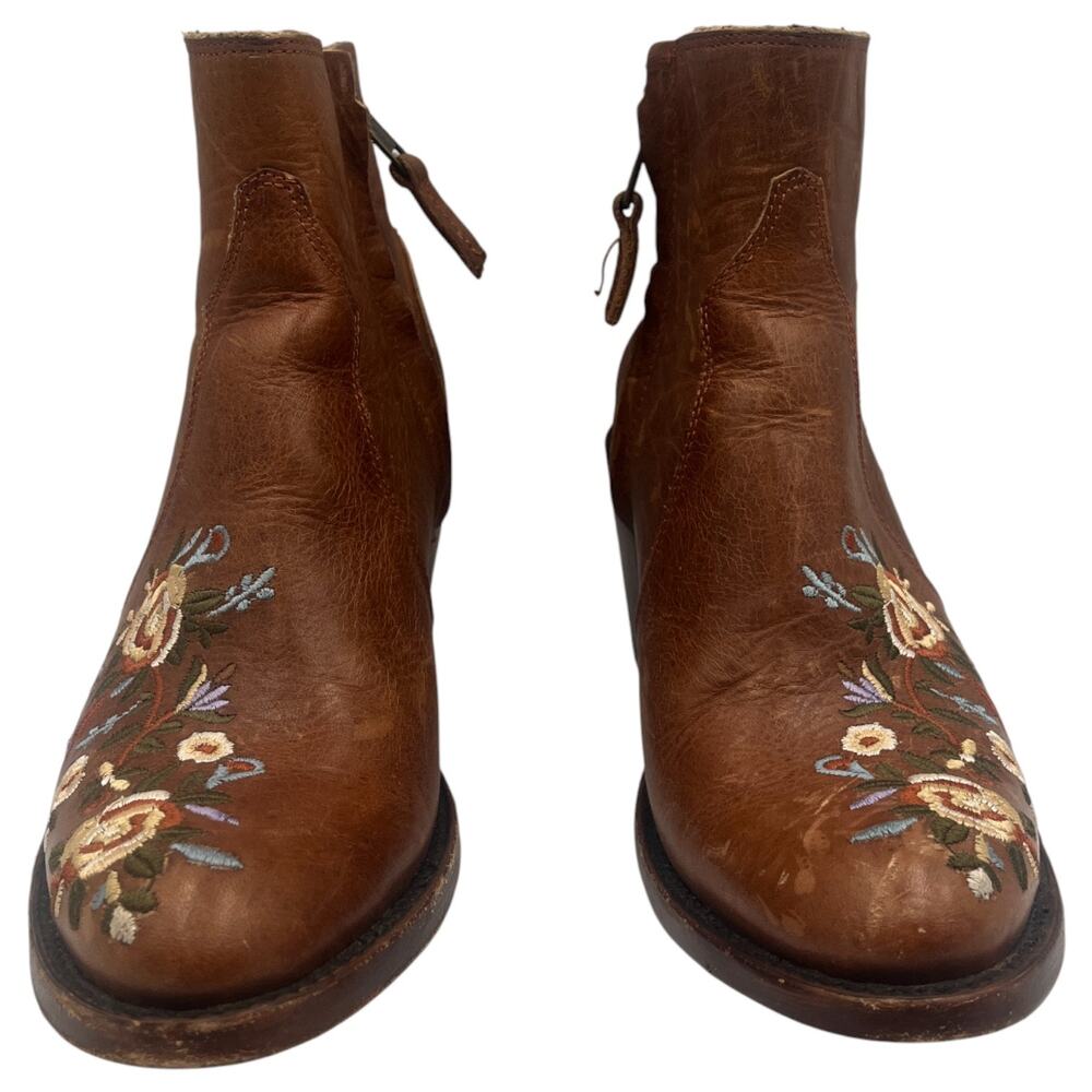 Shyanne Millie Leather Floral Embroidered Western Ankle Boots Booties Brown 6.5M